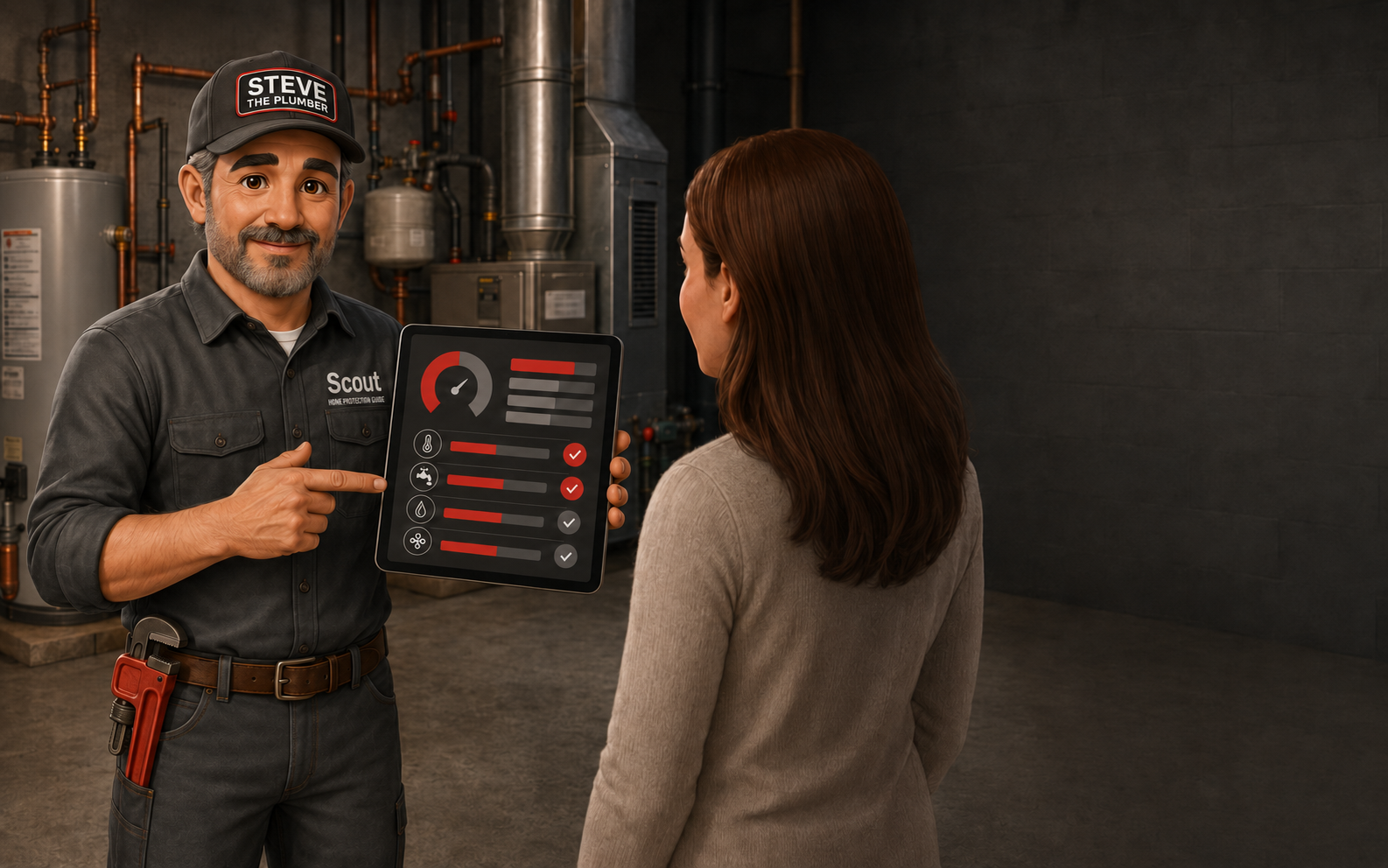 Scout showing a digital home system inspection report to a homeowner