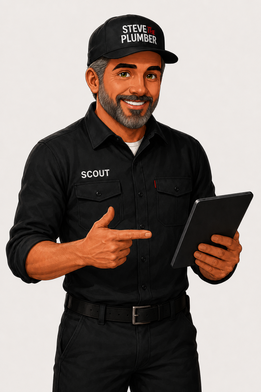 Scout, the Home Protection Guide, holding a tablet